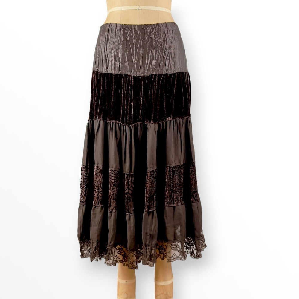 90s Sunny Leigh Velvet Burnout Tiered Maxi Skirt Lace Hem Whimsigoth Boho Size M